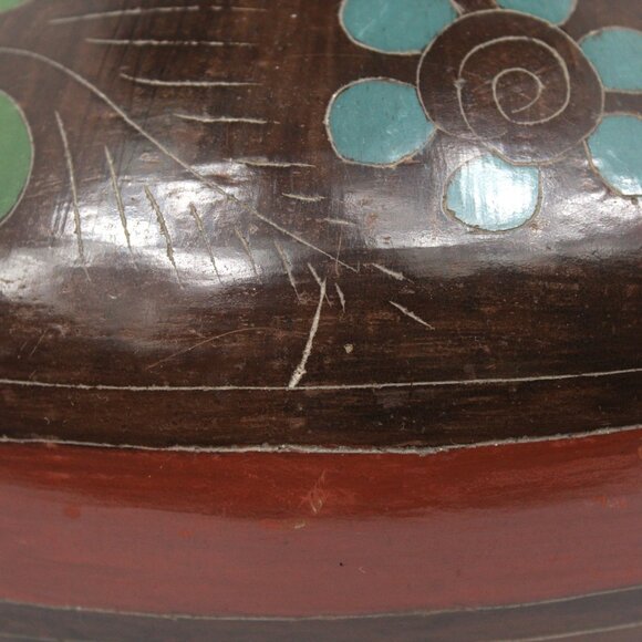 MEXICAN FOLK ART BURNISHED CLAY POTTERY POT HAND-PAINTED FLORAL RED GREEN WHITE - Picture 5 of 8